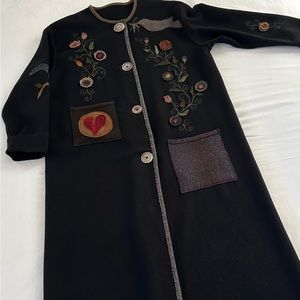 SOLD Custom Long Black Wool Coat with Flower, Bird, Heart Appliques Not sized